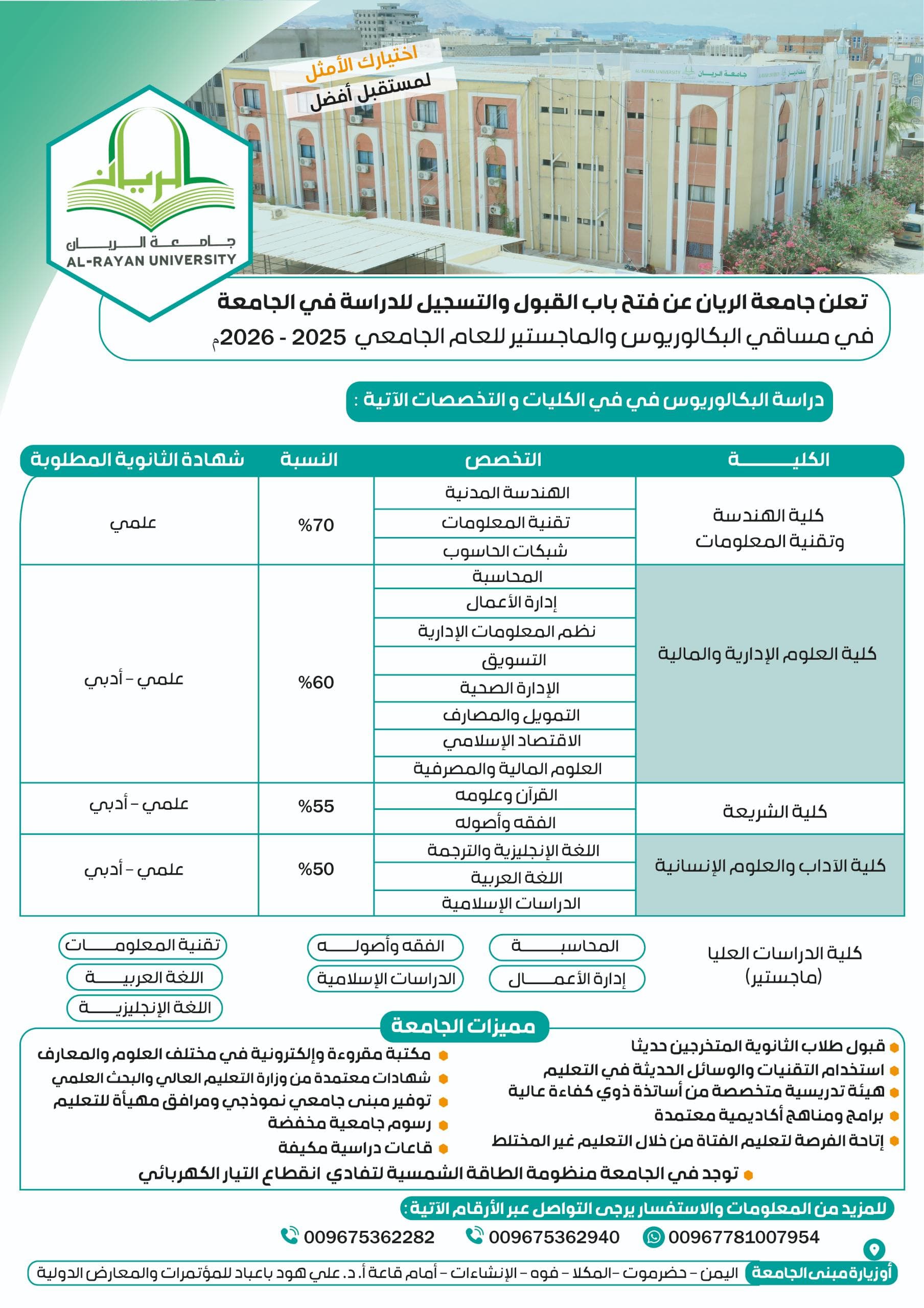 تعلن جامعة الريان عن فتح باب القبول والتسجيل للدراسة في الجامعة في مساقي البكالوريوس والماجستير للعام الجامعي 2025 – 2026م